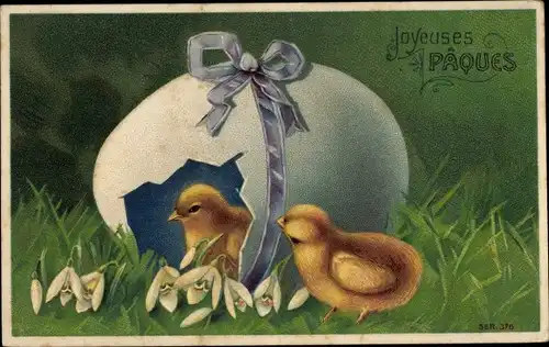 Präge Ak Glückwunsch Ostern, Küken, Osterei, Schleife, Schneeglocken