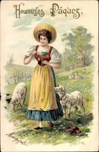 Künstler Litho Glückwunsch Ostern, Frau in Tracht, Lämmer, Wiese