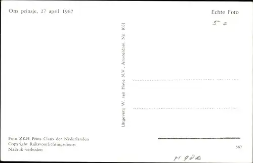 Ak Prinz Willem Alexander als Neugeborener, 1967, Adel Niederlande