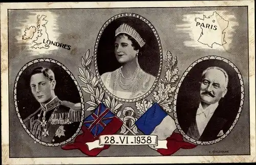 Ak King George VI., Elizabeth Bowes Lyon, Präsident Albert Lebrun, 28.6.1938, London, Paris