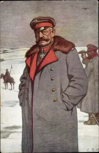 Künstler Ak Generalfeldmarschall Paul von Hindenburg im Felde, Winter, Mantel