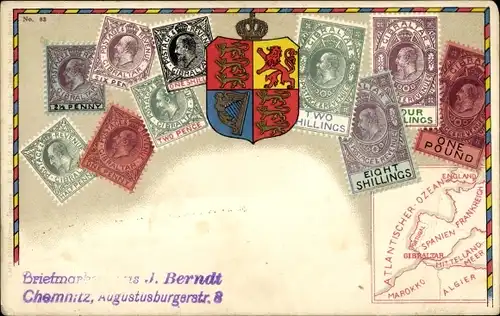 Briefmarken Wappen Ak Gibraltar, Landkarte