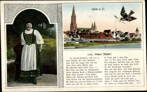 Ak Ulm an der Donau, Ulmer Mädchen in Dirndl, Gedicht Ulmer Mädla