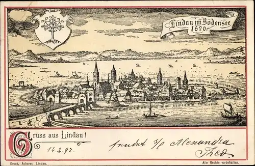 Künstler Ak Lindau am Bodensee Schwaben, Stadt im Jahr 1620