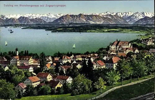 Ak Tutzing am Starnberger See Oberbayern, Panorama, Zugspitzgruppe