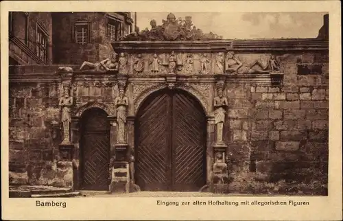 Ak Bamberg in Oberfranken, Eingang zur alten Hofhaltung mit allegorischen Figuren