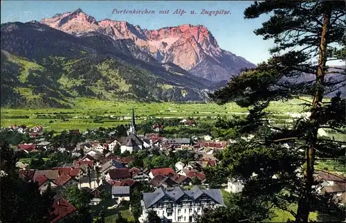 Ak Garmisch Partenkirchen in Oberbayern, Ortspanorama mit Alpspitze und Zugspitze