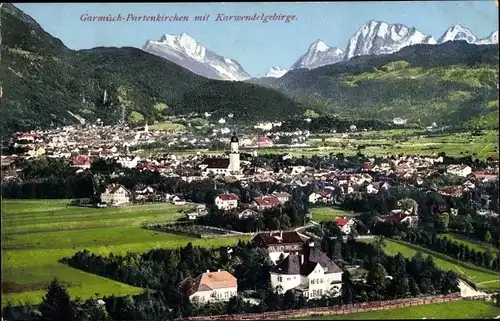 Ak Garmisch Partenkirchen in Oberbayern, Ortspanorama, Karwendelgebirge