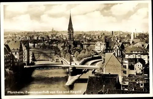 Ak Pforzheim im Schwarzwald, Zusammenfluss von Enz und Nagold, Kirchturm