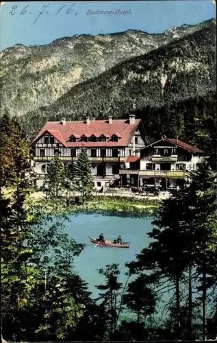 Ak Grainau in Oberbayern, Badersee Hotel, Boot