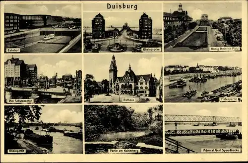 Ak Duisburg im Ruhrgebiet, Bahnhof, Rathaus, Hafen, Rhein, Kaiserberg, Admiral Graf Spree Brücke