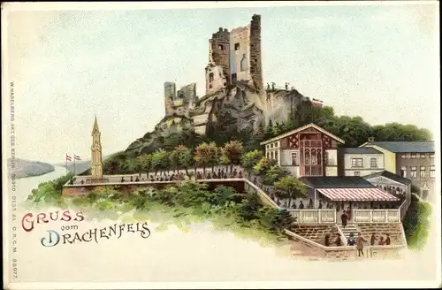 Litho Königswinter am Rhein, Drachenfels, Drachenburg
