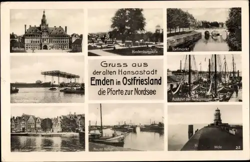 Ak Emden in Ostfriesland, Rathaus, Hindenburgplatz, Torfmarkt, Mole, Hafen, Fischerboote