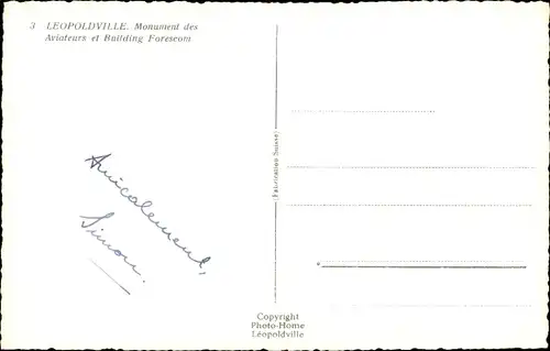 Ak Léopoldville Belgisch Kongo Zaire, Monument des Aviateurs et Building Forescom