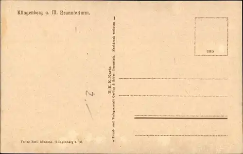 Künstler Ak Klingenberg am Main Unterfranken, Brunnentortum mit Duchfahrt, Turmuhr