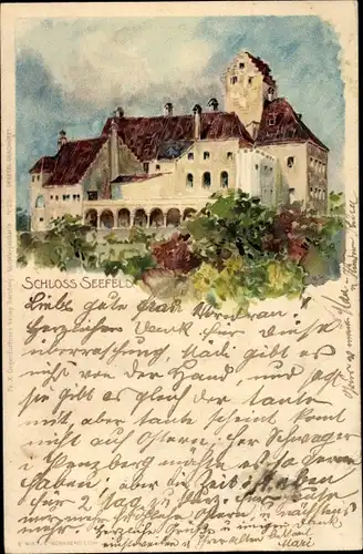 Künstler Litho Seefeld Oberbayern, Totalansicht vom Schloss