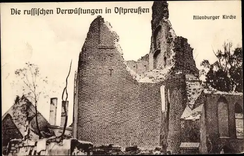 Ak Druschba Allenburg Ostpreußen, Kirche, Kriegszerstörung 1. WK