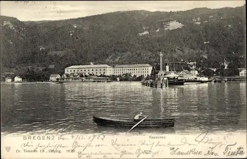 Ak Bregenz am Bodensee Vorarlberg, Kasernen, Dampfer, Boot