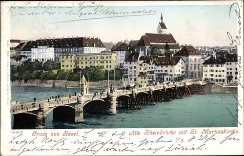 Ak Basel Stadt Schweiz, Alte Rheinbrücke, St. Martinskirche