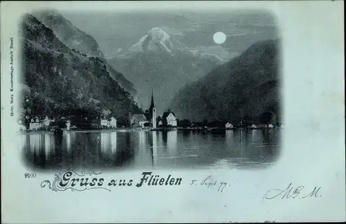 Mondschein Ak Flüelen Kanton Uri Schweiz, Panorama