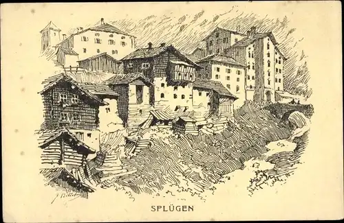 Künstler Ak Splügen Kt. Graubünden Schweiz, Häuser, Brücke