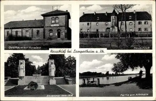 Ak Neuschloß Lampertheim am Rhein Hessen, Gasthaus zur Kurpfalz, Ehrenmal, Altrhein