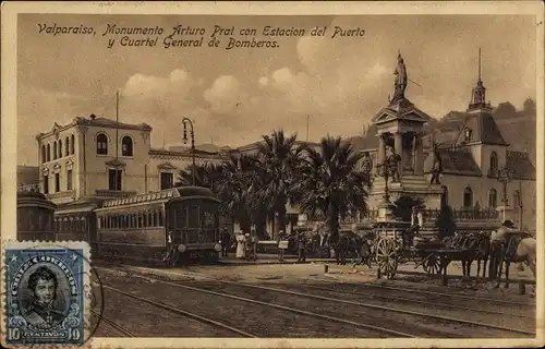 Ak Valparaíso Chile, Arturo-Prat-Denkmal, Hafenstation und Feuerwehrhauptquartier