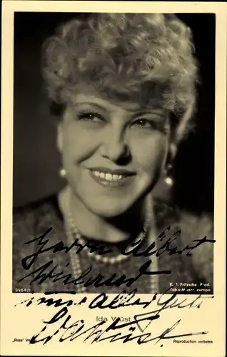 Ak Schauspielerin Ida Wüst, Portrait, Perlenschmuck, Autogramm