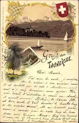 Litho Thunersee im Kanton Bern, Wappen, Segelboote, Grotte