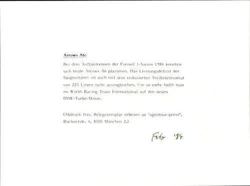 Foto Motorrennsport, Formel 1-Saison 1984, BMW-Turbo-Motor