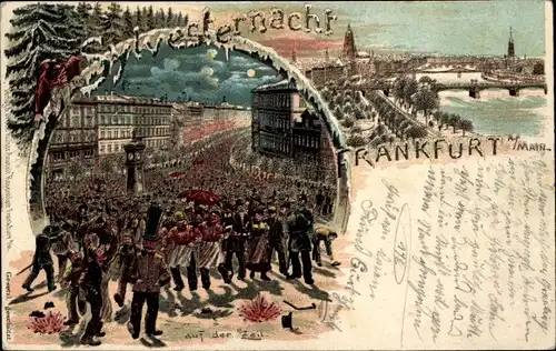 Winter Litho Frankfurt am Main, Glückwunsch Neujahr,Auf der Zeil, Stadtblick, Brücke, Silvesternacht