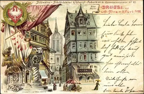 Wappen Litho Frankfurt am Main, Alter Markt, Schweine Schlächterei, Wurst Fabrik, Eschenheimerstraße