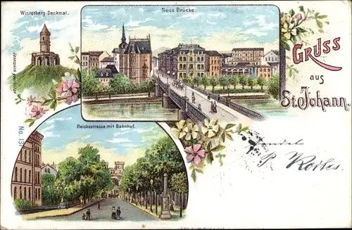 Litho St Johann Saarbrücken im Saarland, Neue Brücke, Winterberg Denkmal, Reichsstraße