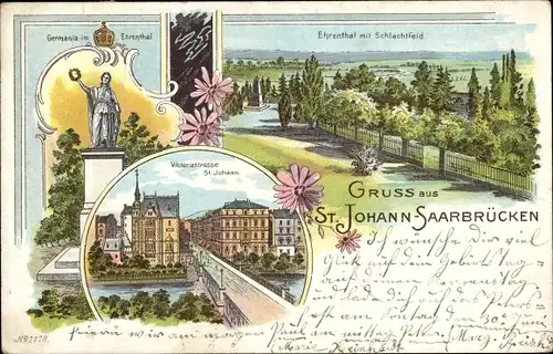 Litho St. Johann Saarbrücken im Saarland, Germania im Ehrenthal, Schlachtfeld, Victoriastraße