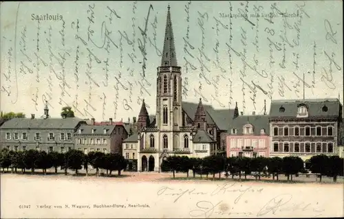 Ak Saarlouis im Saarland, Marktplatz mit Kirche