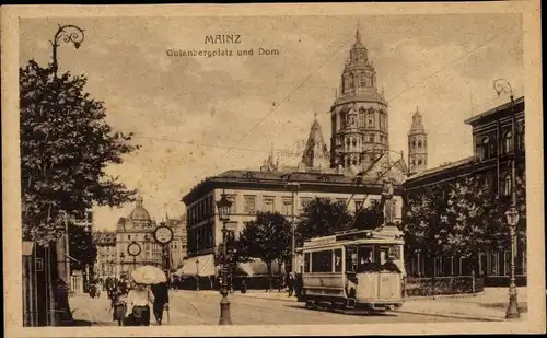 Ak Mainz am Rhein, Gutenbergplatz und Dom, Straßenbahn 38