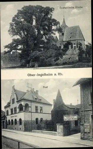 Ak Ober Ingelheim am Rhein, Blick auf Post und Evangelische Kirche