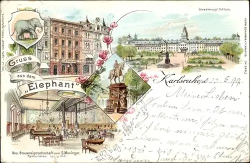 Litho Karlsruhe in Baden Württemberg, Hotel Elephant, Schloss, Kaiserdenkmal