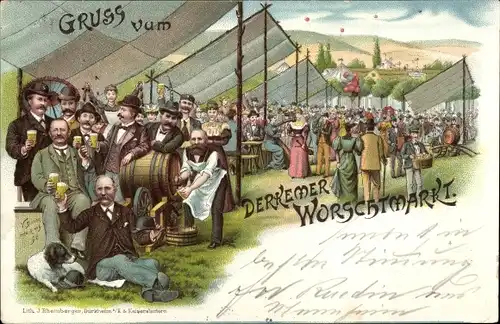 Litho Bad Dürkheim am Pfälzerwald, Derkemer Worschtmarkt, Bierfässer, Männer, Luftballons