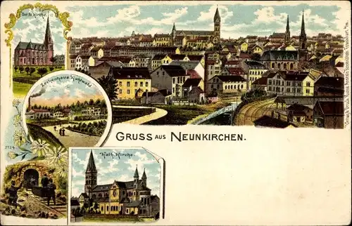 Litho Neunkirchen im Saarland, Totalansicht, Kath. Kirche, Zechenhaus, Ev. Kirche