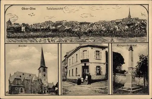 Ak Ober Olm in Rheinhessen, Gesamtansicht, Kirche, Kriegerdenkmal, Gasthaus