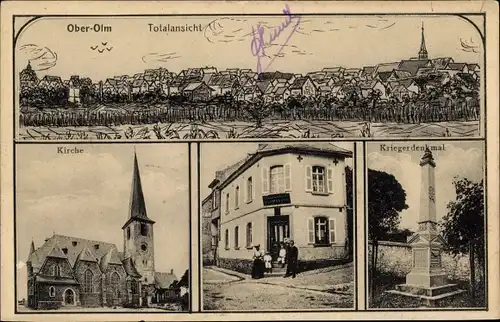 Ak Ober Olm in Rheinhessen, Gesamtansicht, Kirche, Kriegerdenkmal, Gasthaus