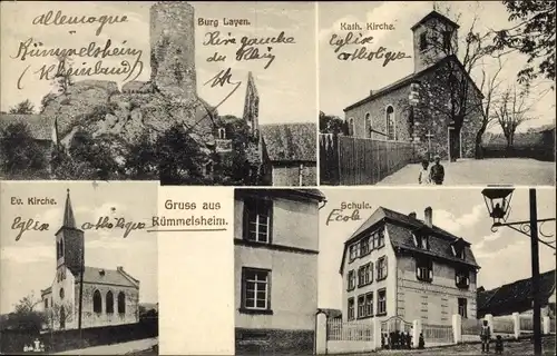 Ak Rümmelsheim Rheinland Pfalz, Burg Layen, katholische und evangelische Kirche, Schule