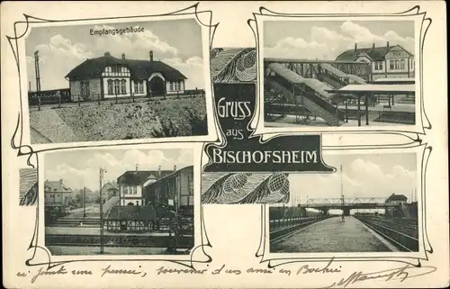 Jugendstil Ak Bischofsheim Mainspitze Hessen, Bahnhof, Gleisseite, Empfangsgebäude