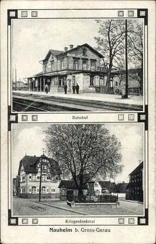 Ak Nauheim im Kreis Groß Gerau Hessen, Bahnhof Gleisseite, Kriegerdenkmal