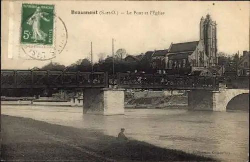 Ak Beaumont sur Oise Val d'Oise, Brücke, Kirche