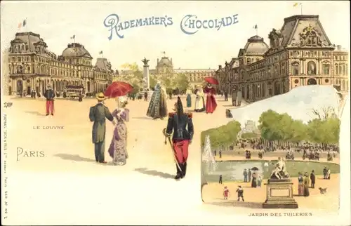 Litho Paris I., Le Louvre, Jardin des Tuileries, Reklame, Rademaker's Chocolade