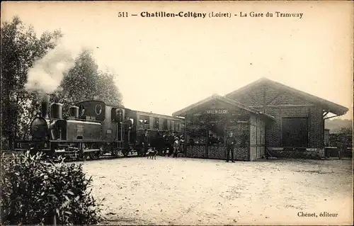 Ak Châtillon Coligny Loiret, Straßenbahn-Bahnhof, Dampflokomotive