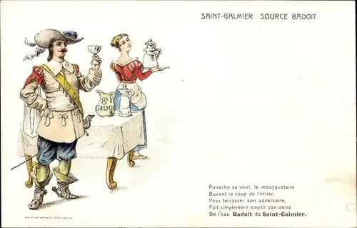 Ak Saint Galmier Loire, Source Badoit, mousquetaire, Reklame