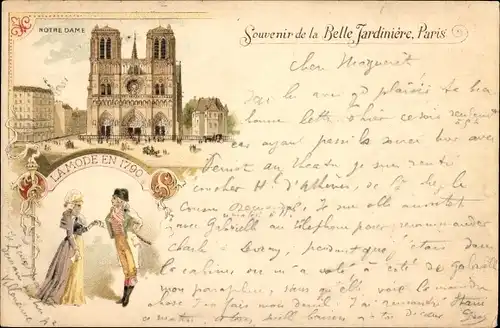 Litho Paris IV., Notre Dame, La Mode en 1790, La Belle Jardiniere, Rue du Pont Neuf, Reklame